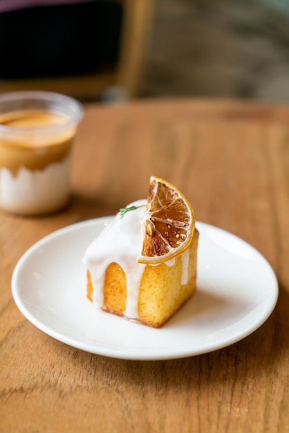 Lemon pound cake on white plate