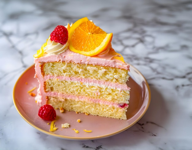 Lemon raspberry cake slice with moist layers raspberry filling lemon buttercream frosting fresh