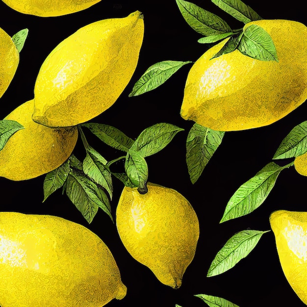 Lemon seamless pattern on black background