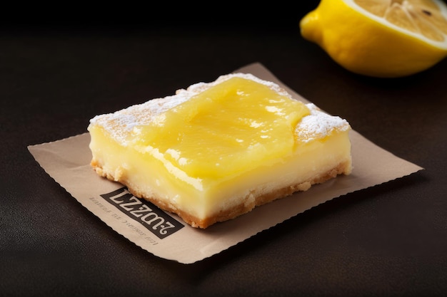 A lemon slice sits on a napkin with a lemon on it.