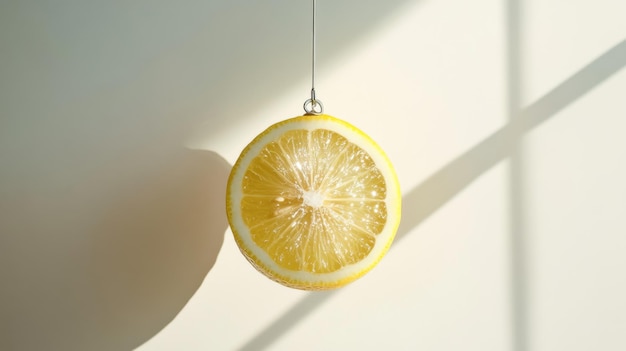 Photo lemon slice suspended by wire casting shadow on wall