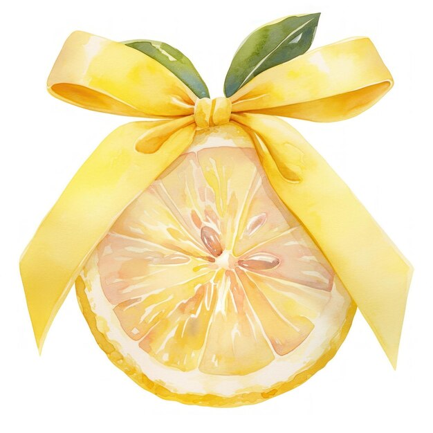 Photo lemon slice with yellow ribbon