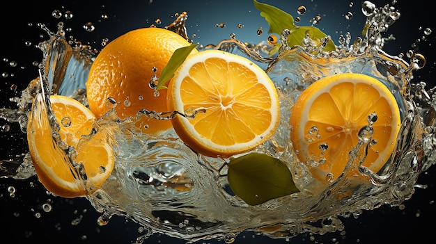 Lemon Slices Falling into Water with Splashes