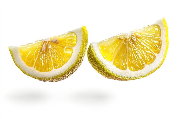 Photo lemon slices floating and isolated against a white backdrop generative ai