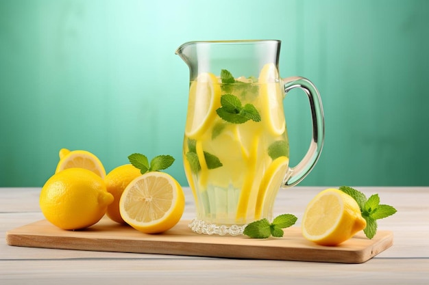 Lemon slices floating in a pitcher of lemonade with mint leaves