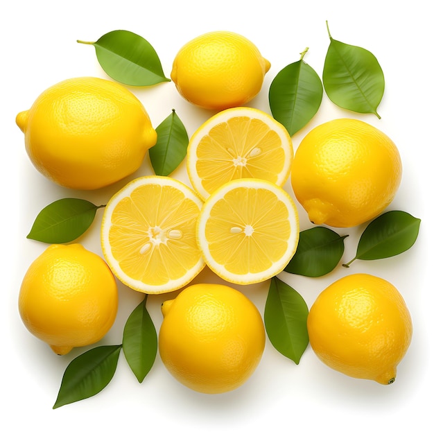 Lemon Slices Leaves White Background Citrus Charm Flat Lay