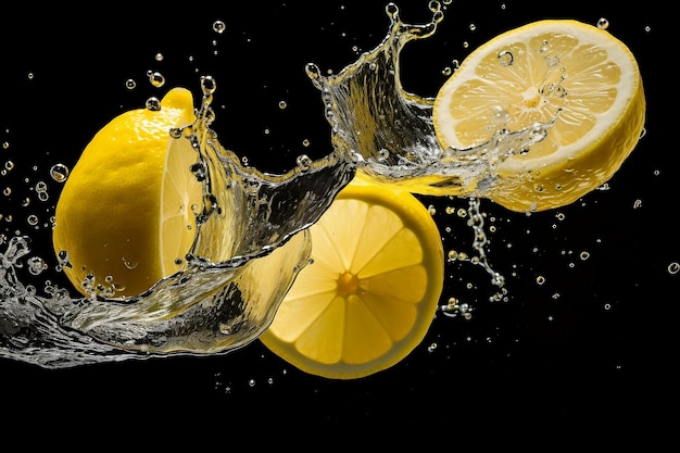 Lemon slices splashing into water Generative Ai