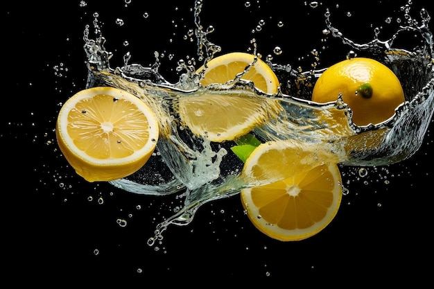 Lemon slices splashing into water Generative Ai