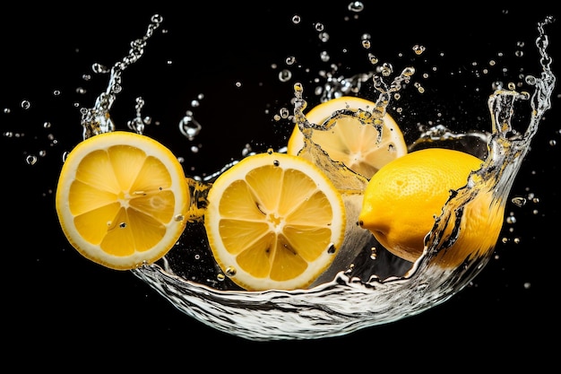 Lemon slices splashing into water Generative Ai