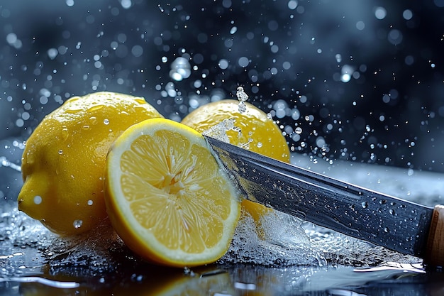 lemon slices with knife and water drops and splashes on blue background