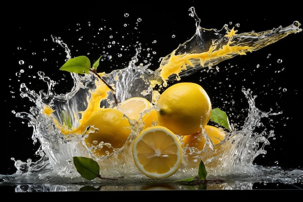 lemon slices with knife and water drops and splashes on dark background