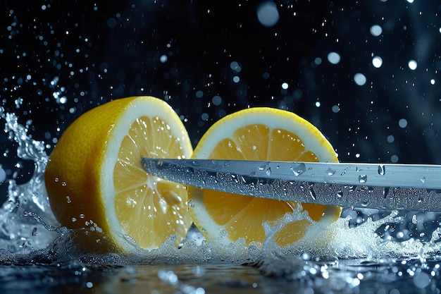 lemon slices with knife and water drops and splashes on dark blue background