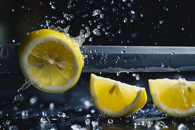 lemon slices with knife and water drops and splashes on dark blue background