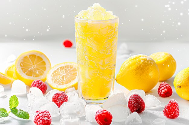 Lemon slushie in glass with fruit and crushed ice around it on white marble