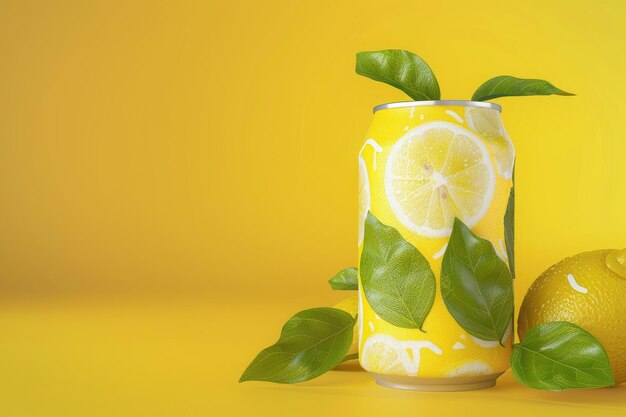 Photo lemon soda can with green leaves on yellow background 3d illustration