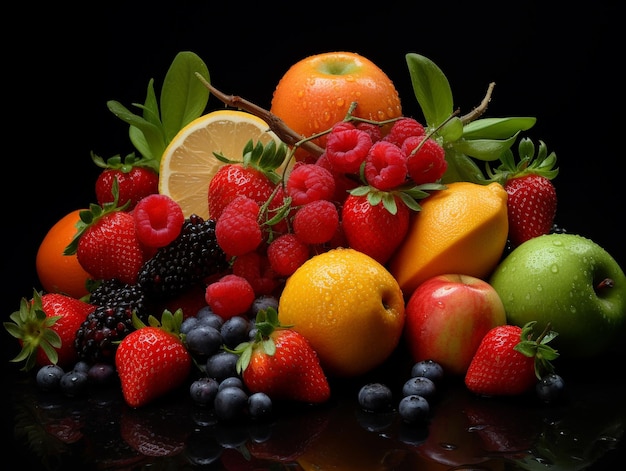 A lemon and some fruit on a black background