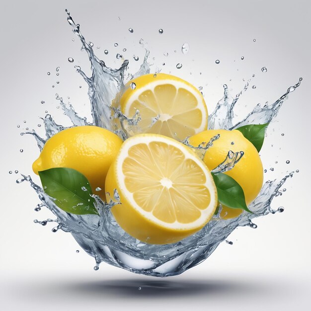 Photo lemon splash and water splash on a white background