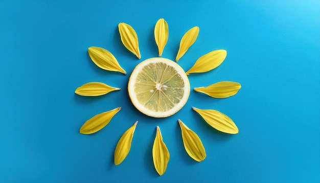 Lemon Sun with Yellow Flower Petals on Blue Background Minimalist Summer Concept