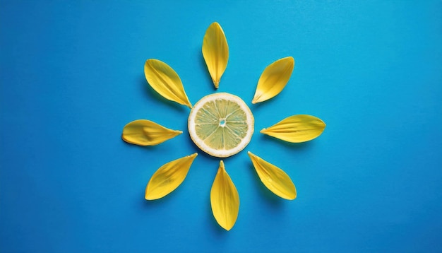 Lemon Sun with Yellow Flower Petals on Blue Background Minimalist Summer Concept