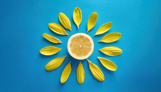 Lemon Sun with Yellow Flower Petals on Blue Background Minimalist Summer Concept