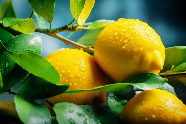 Lemon tree branch with ripe yellow lemons with drops and green leaves on dark background