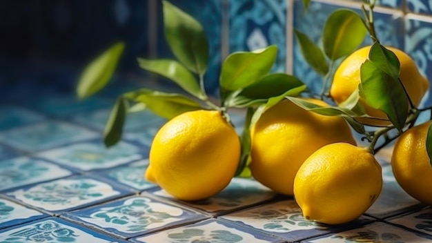 Lemon tree branch with yellow lemons with drops and green leaves on azulejo tile background