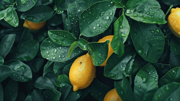 Lemon tree with raindrops on leaves