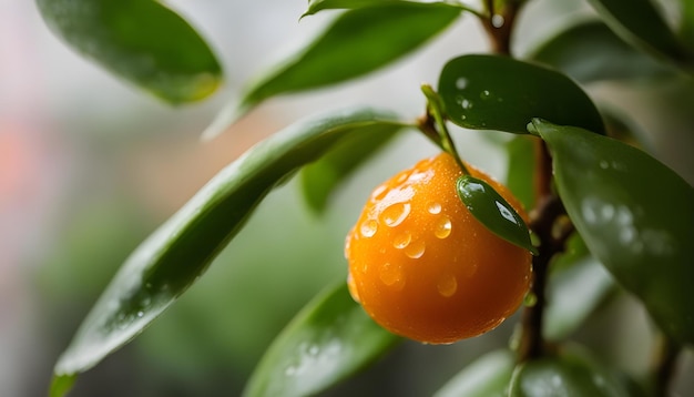 a lemon tree with water drops on it and a green leaf