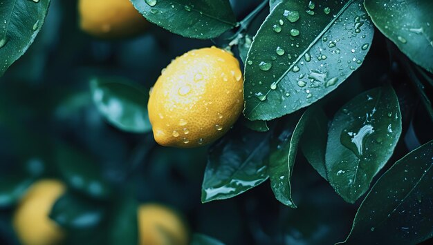 Photo a lemon tree with water drops on it and a lemon on the top