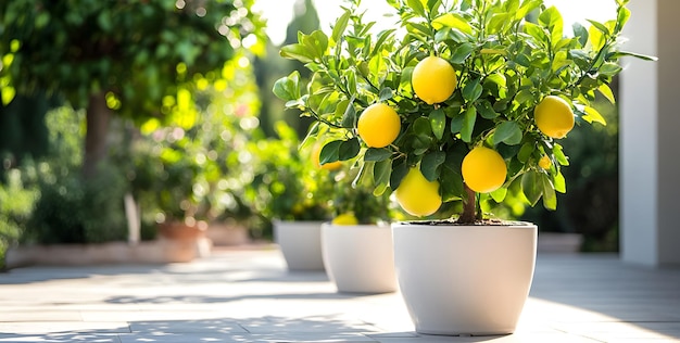 Photo lemon trees in white pots on the patio of an expensive villa bathed in golden light with sun rays and soft focus