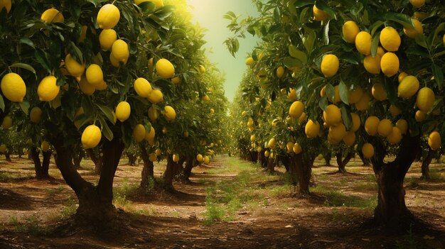 Lemon trees with ripe lemons in the garden 3d rendering