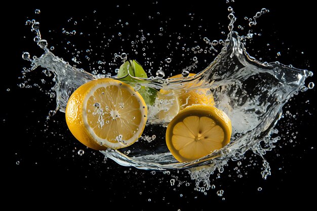 Lemon in water splash explosion isolated on transparent