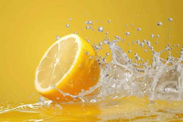 Lemon in water splash on yellow background Citrus fruit Ai generated