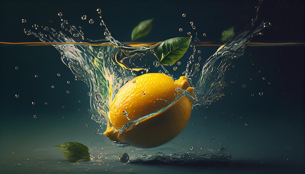 Lemon with green leaf in water splash on dark background generative ai