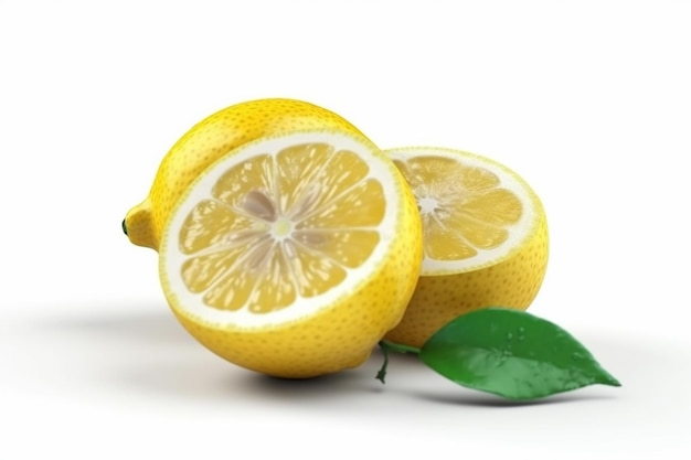 A lemon with a leaf on it is on a white background.