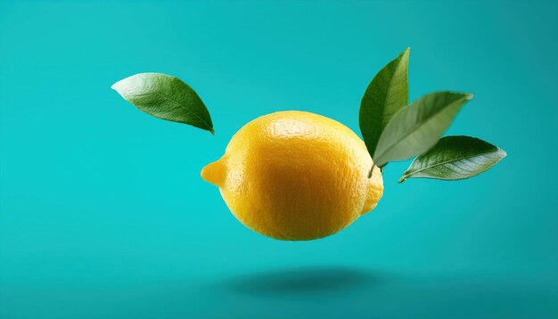 Lemon with Leaves Floating in the Air on Turquoise Background Zero Gravity Concept