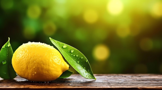 A lemon on a wooden table with a green leaf on it