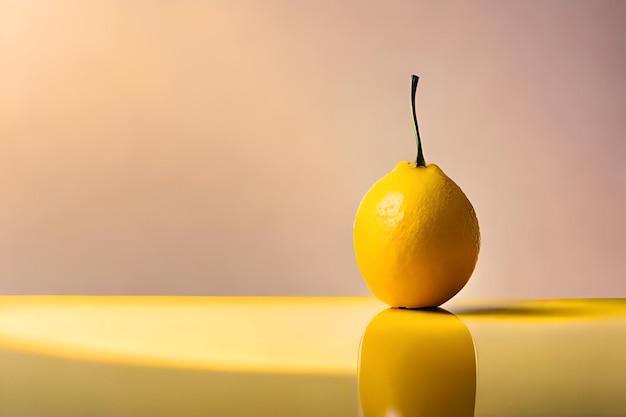 A lemon on a yellow table with a pink background.