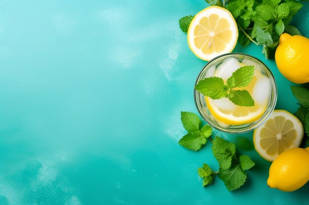 Photo lemonade in glass with fresh lemons and mint cold summer drink top view with copy space