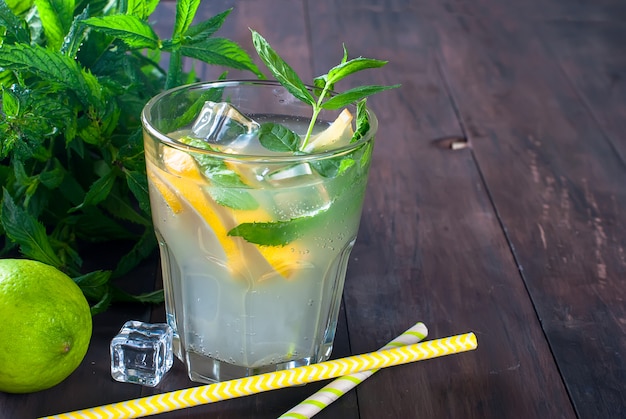 Lemonade in glass with ice and mint 