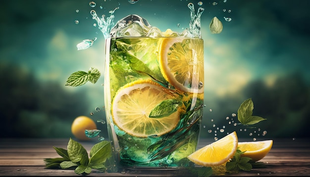 Lemonade in glass with splash on wooden table and green blurred background Summer refreshing drink Generative ai