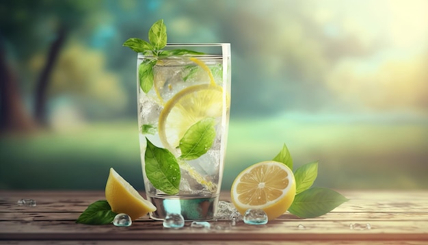 Lemonade in glass with splash on wooden table and green blurred background Summer refreshing drink Generative ai