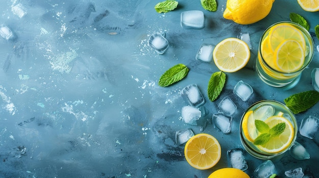 Lemonade in glasses with fresh lemons mint and ice cubes on blue background