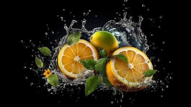 Lemonade or mojito with ice cubes orange slices and mint leaves on black backgroundgenerative ai