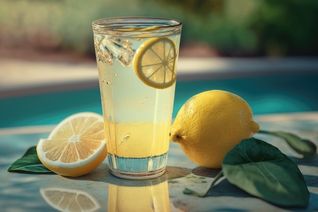 Lemonade on pool background Illustration Generative AI