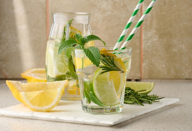 Lemonade in a transparent glass with lemon lime rosemary sprigs and mint leaves on a white background