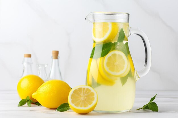 Lemonade with fresh lemons on light background