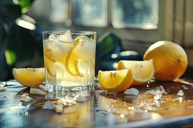 Lemonade with Ice Cubes and Lemon Slices on Table