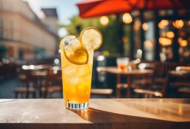 lemonade with lemon on a hot day on the street in the city