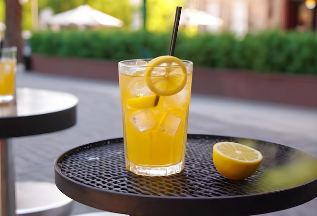 lemonade with lemon on a hot day on the street in the city